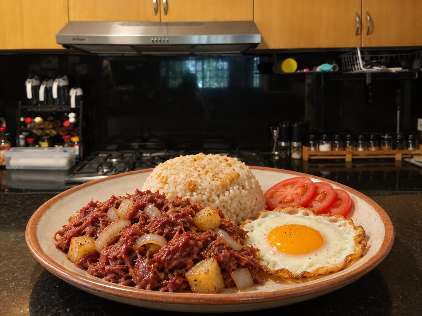 Finished Corned Beef Silog with onions and potatoes, garlic rice, fried egg, and tomatoes on a rustic stoneware plate in Maria's kitchen