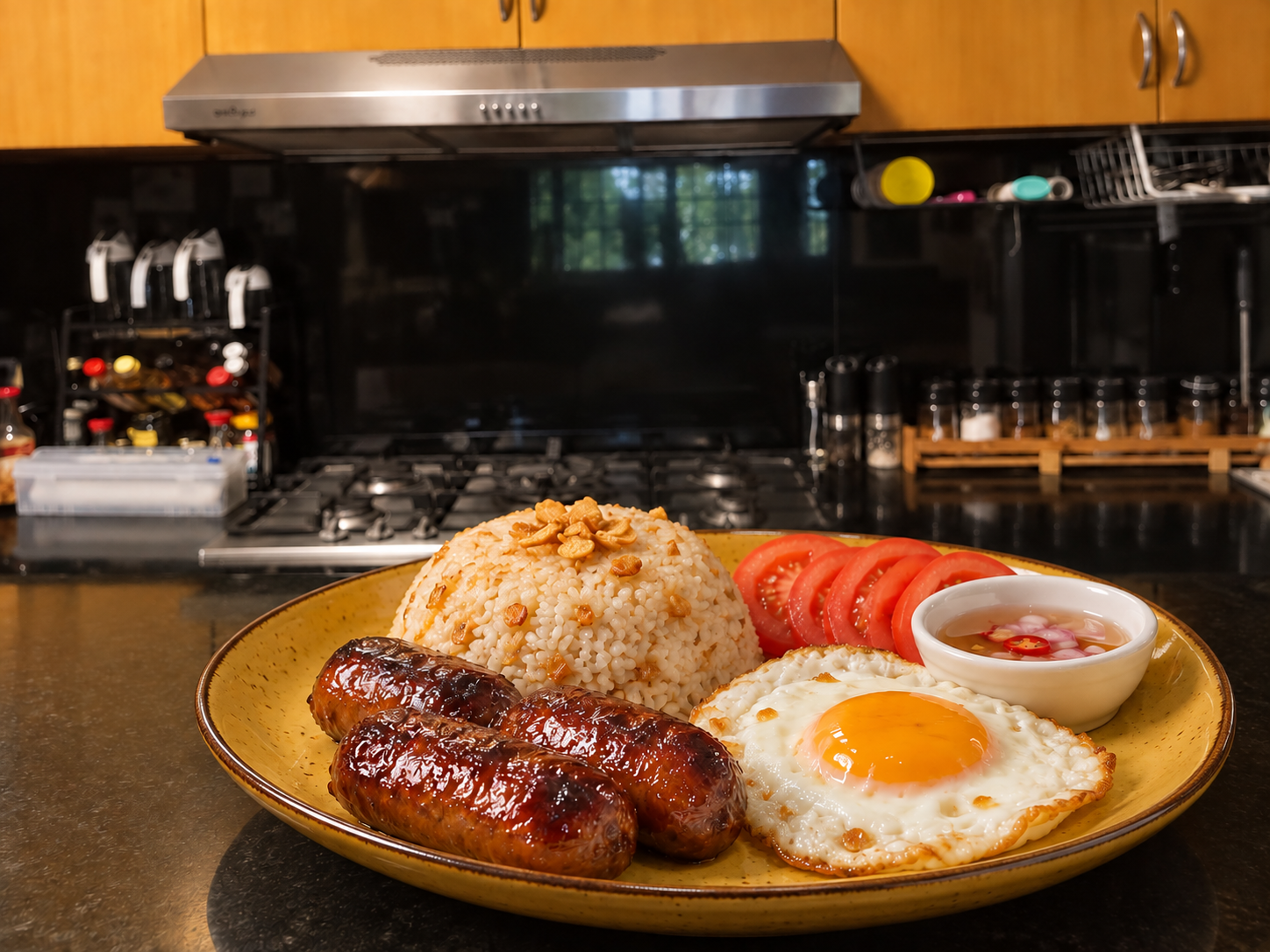 Finished Longsilog with sweet garlic longganisa, garlic rice, fried egg, tomatoes, and vinegar sauce on a mustard-yellow ceramic plate in Maria's kitchen