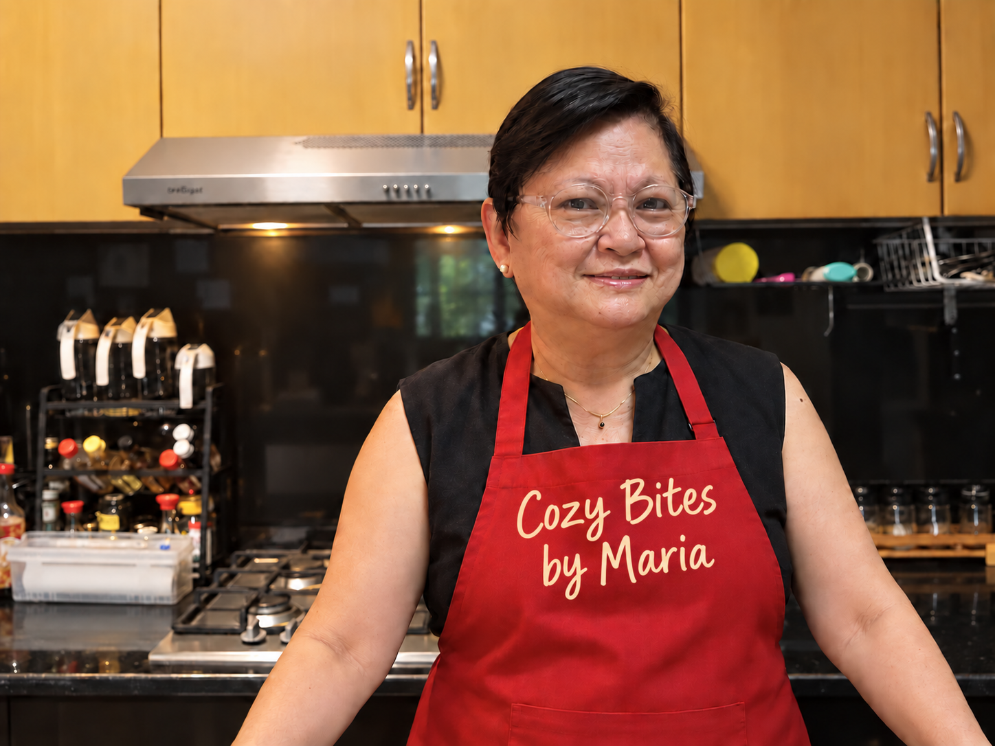 Maria wearing a red Cozy Bites by Maria apron in her kitchen
