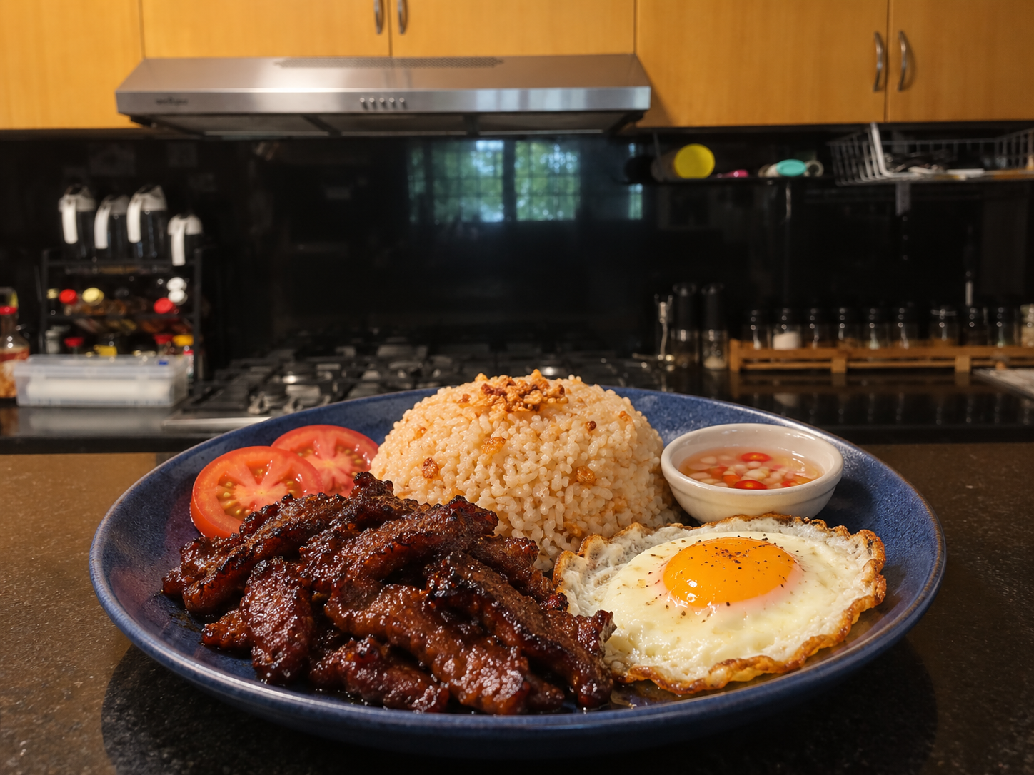 Finished Tapsilog with homemade beef tapa, garlic rice, fried egg, tomatoes, and vinegar sauce on a deep-blue plate in Maria's kitchen