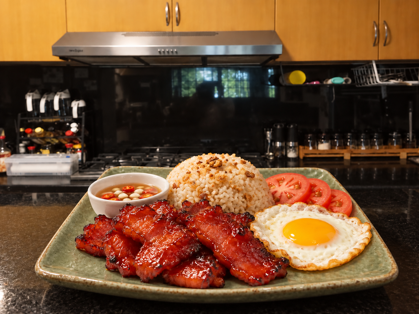 Finished Tocilog with homemade pork tocino, garlic rice, fried egg, tomatoes, and vinegar sauce on a sage-green ceramic plate in Maria's kitchen