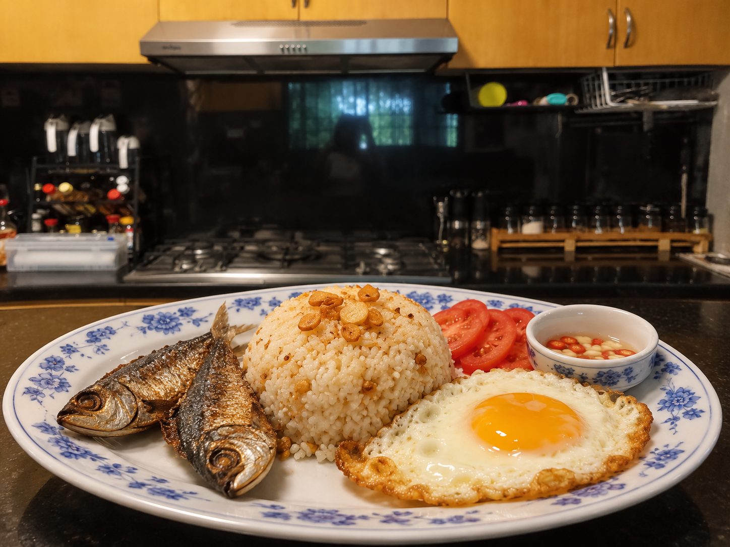 Finished Tuyosilog with crispy tuyo, garlic rice, fried egg, tomatoes, and vinegar sauce on a blue-floral plate in Maria's kitchen